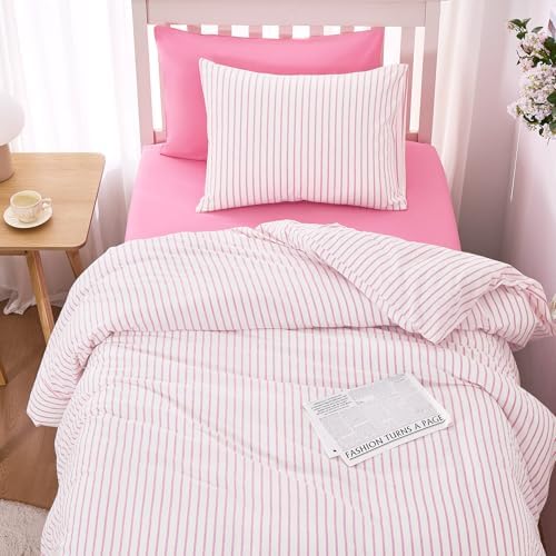 Wake In Cloud Striped Cotton Duvet Cover Set, Pink White, Twin/Twin XL