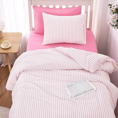 Wake In Cloud Striped Cotton Duvet Cover Set, Pink White, Twin/Twin XL