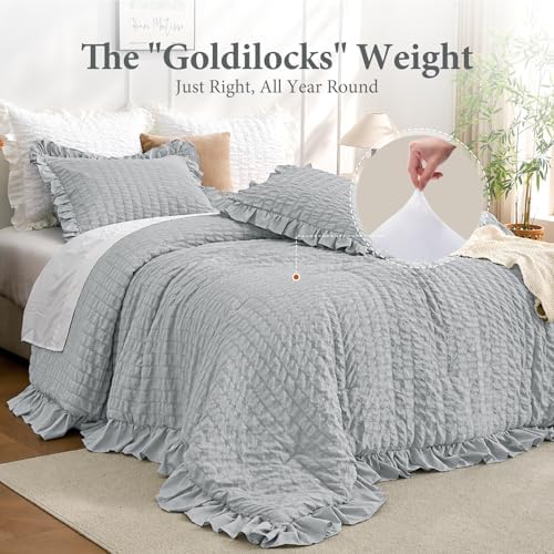 JOLLYVOGUE Light Grey Oversized Queen Comforter Set,3pcs Seersucker Bed Set