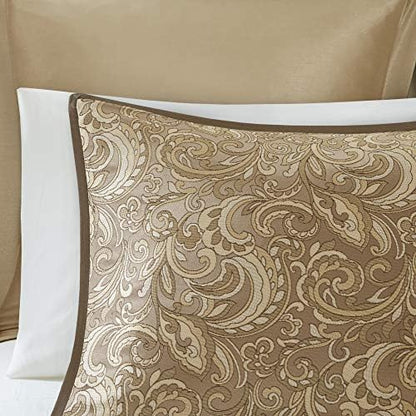 Madison Park Essentials Brystol 24 Piece Room in a Bag Faux Silk Comforter Jacquard Paisley Design Matching Curtains Down Alternative Hypoallergenic All Season Bedding-Set, Queen(90"x90"), Brown
