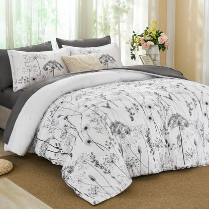 Yiran Queen Comforter Size Set, 7 Piece Grey Dandelion Floral Bed in a Bag