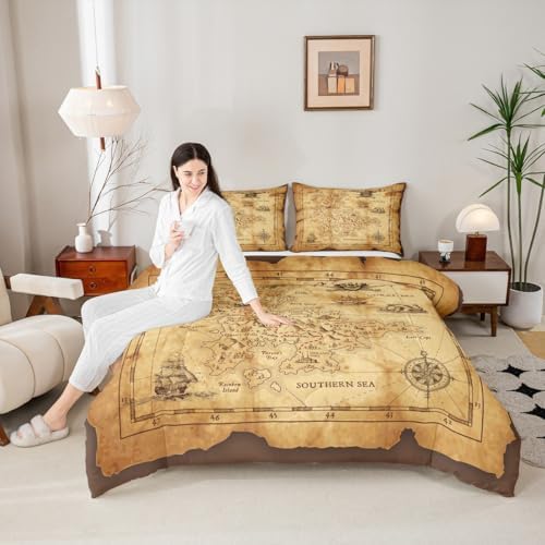 Nautical Map Comforter Set Full Size,Pirate Boat Compass Bedding Set 3Pcs,Kids Boys Teens Adult Bedroom Decor Ocean Adventure Quilt Set Vintage Brown Duvet Insert with 2 Pillowcases