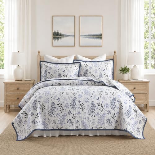 Queen Size Quilt Set - Cotton Floral Quilts Queen, Blue, 90x98