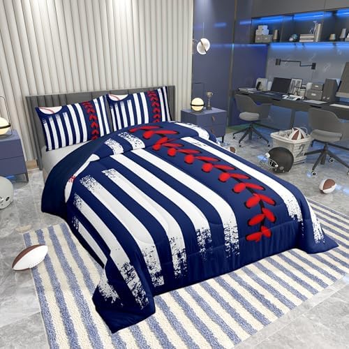 Castle Fairy Boys Baseball Comforter Set Full Size,Navy Blue Red Duvet Set for Kids Teens Men Women Bedroom Decor,Ball Sports Softball Games Microfiber Soft Bedding 3Pcs for Baseball Lover