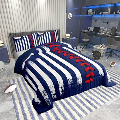 Castle Fairy Boys Baseball Comforter Set Full Size,Navy Blue Red Duvet Set for Kids Teens Men Women Bedroom Decor,Ball Sports Softball Games Microfiber Soft Bedding 3Pcs for Baseball Lover