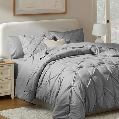 Nestl 9 Piece Full Comforter Set – Grey Pinch Pleated Bed in a Bag – Complete Full Size Bedding Set with Sheets, Set of 2 Cooling Pillows, Pillowcases and Shams