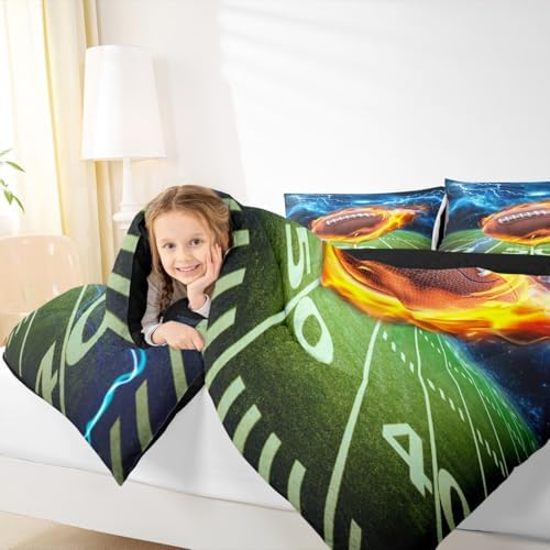 Castle Fairy American Football Comforter Set - Full Size Lightning & Flame 3D Football Field Quilt Set - 3 Pcs Kids Boys Fashion Bedding - Teens Room Decor - Sports Games Duvet Insert, 2 Pillowcase
