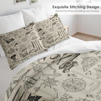 Pamnest Comforter Set Full Size, Pirate Vintage Skull Soft 3 Pcs Bedding for Kids and Adults, Nautical Sea Retro Comforter Set with 2 Pillowcases, for Bedroom Bed Decor
