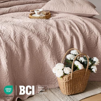 WDCOZY 100% Cotton Queen Size Quilt Bedding Sets Floral Rosette Pink