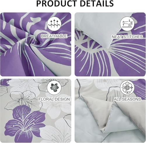 Luxudecor Floral Comforter Set Full Size Purple Floral Pattern Bedding Comforter Soft Microfiber 7 Pieces Bed in a Bag (1 Comforter, 2 Pillow Shams, 1 Flat Sheet, 1 Fitted Sheet, 2 Pillowcases)