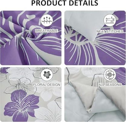 Luxudecor Floral Comforter Set Full Size Purple Floral Pattern Bedding Comforter Soft Microfiber 7 Pieces Bed in a Bag (1 Comforter, 2 Pillow Shams, 1 Flat Sheet, 1 Fitted Sheet, 2 Pillowcases)