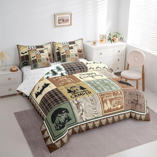 Erosebridal 7 Piece Rv Camper Full Bedding Set for Kids Adult,Woodland Camping Comforter Set Rustic Cabin Decor,Buffalo Plaid Bed in a Bag with Sheets,Travel Trailer Bed Set with Pillowcases