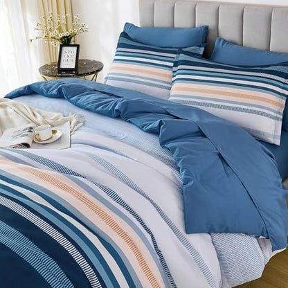 Dobuyly Blue King Size Comforter Set 7 Pieces, Boho Striped Bed in a Bag Soft Microfiber All Season Bedding Set with Comforter, Sheets, Pillowcases & Shams