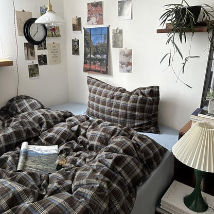 mixinni Vintage Buffalo Plaid Duvet Cover Set California King, 3 Piece Washed Cotton Bedding Set with Grid Pattern, Soft & Breathable Duvet Cover with Pillowcases for All Seasons,(Brown & Blue,Beige)
