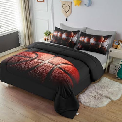 Teens Boys Sports Comforter Set Queen,Basketball Bedding Set for Kids,Sports Orange Basketball Comforter Sets,Black Teenage Boy Bedroom Bed Set 3 Pieces with Pillowcases
