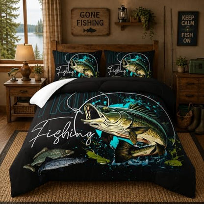 Nttopship Big Pike Fish Bedding ，Hunting and Fishing Brown Green Bedding Set Themed Comforter Set for Kids Boys Room Decor, Full Bed in a Bag for Teens with 2 Pillowcases