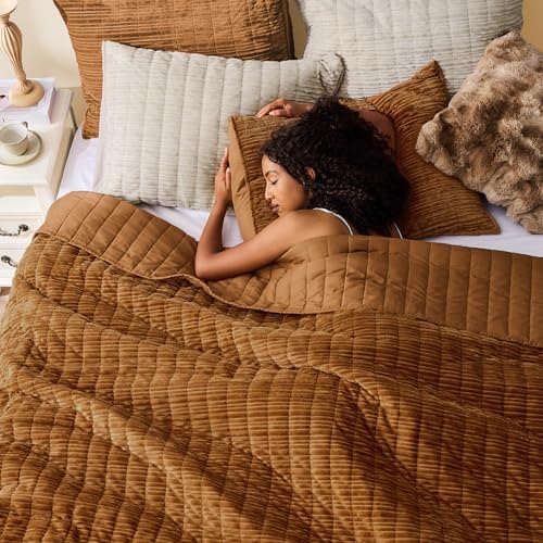 Wonderful Corduroy Texture Caramel Quilt Set Queen - Hypoallergenic Skin-Friendly Soft Plush Velvety Touch Bedspread, Classic Vertical Striped Lightweight Coverlet for All Season, 106"x94"