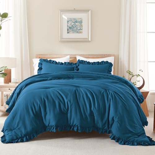 Andency Teal King Size Comforter Set, 3 Pieces Solid Farmhouse Bedding