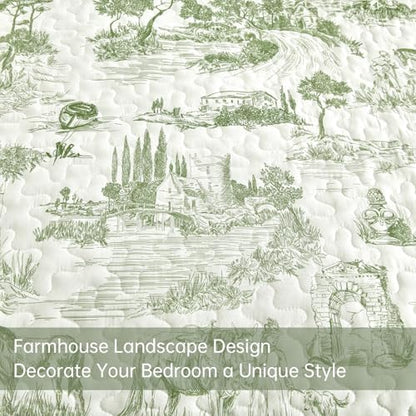 Drucon Sage Green Farmhouse Quilt Set King Size, Spring Toile Rustic Bedspreads, 3 Pieces Village Landscape Printed Coverlet, Soft Microfiber Quilt Bedding Set for All Season (106x90 Inch)
