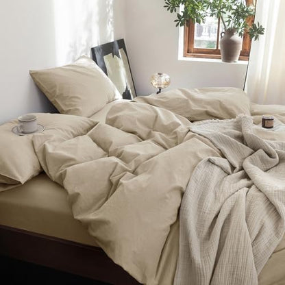 FOSSA Duvet Cover Set 100% Washed Cotton Linen Feel Queen