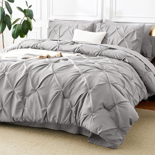 CozyLux Queen Comforter Set French Grey, 7 Pieces Pintuck Bed in a Bag