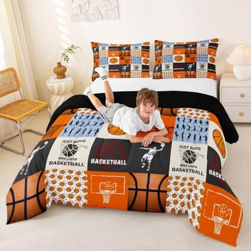 Boy Basketball Bedding Sets King Size,Ball Sport Games Comforter Set 3Pcs for Teens Adult Room Decor,Basketball Player Silhouette Quilted Duvet Modern Patchwork Plaid Down Comforter,2 Pillowcases