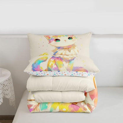 Erosebridal 3D Anime Cat Bedding for Animal Lovers Cartoon Lovely Cat Comforter Set Full, Kawaii Colorful Cat Bedding Comforter Sets for Girls Boys Kids Cartoon Gifts Decor for Bedroom