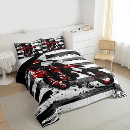 Feelyou Motocross Kids Comforter Set Toddler American Flag Pattern Bedding Set Dirt Bike Duvet Quilt for Kids Boys Girls Bedroom Black and White Stripes Decor Motorbike Soft Breathable