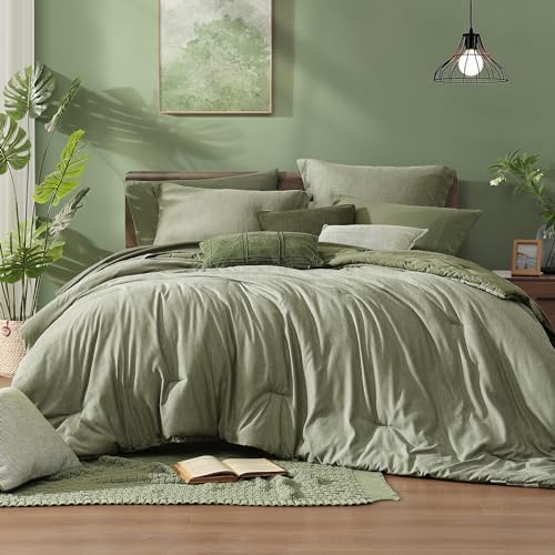 Monbix Oversized Queen Comforter Set Sage Green 7 Pieces Bed in a Bag