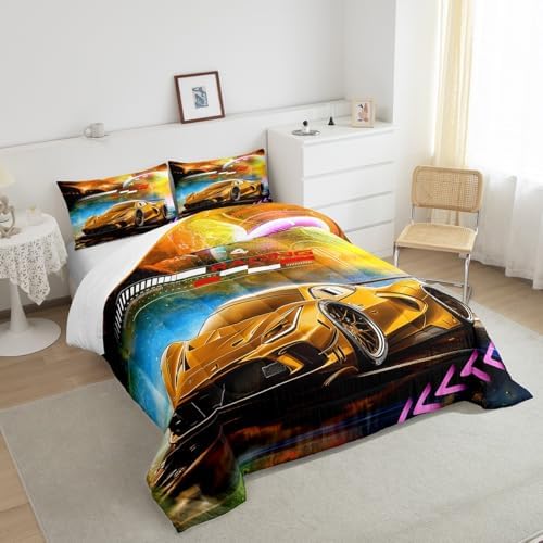 Feelyou Orange Race Car Bedding Set King Size for Kids Boys Extreme Sports Car Comforter Set Decorations Teens Toddler Galaxy Planet Duvet Set Cool Modern Quilt Set 3Pcs