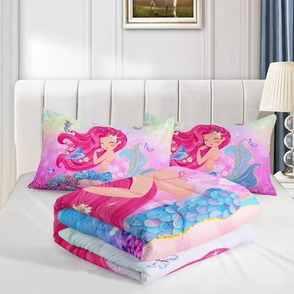 Mermaid Butterfly Comforter Set Queen Size Fairy Tale Sea Shell Grass Bedding Set Colorful Rainbow Quilt Bed Set for Kid Girls with 1 Comforter and 2 Pillowcases