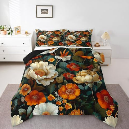 jejeloiu Boho Floral Comforter Set Twin Size Kids Bohemian Flower Bedding Set for Boys Girls Teens Botanical Duvet Breathable Blossom Plant Aesthetic Quilt Bedroom Decor,1 Comforter with 1 Pillowcase