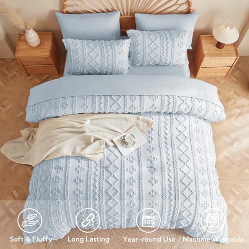 MR&HM 7 Pieces Comforter Set Full, Tufted Boho Farmhouse Bed Set Dusty Blue