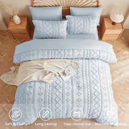 MR&HM King Size Comforter Set 7 Pieces, Boho Tufted Bedding Set Dusty Blue