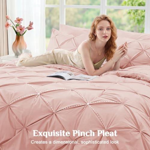 JOLLYVOGUE Twin XL Comforter Set 5 Pieces - Bed in a Bag Twin XL for All Season, Pintuck Bedding Comforter Sets with Comforter, Flat Sheet, Fitted Sheet and Pillowcases & Shams, Rose Gold