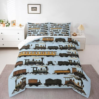 Erosebridal Vintage Steam Train Comforter Set Full Travel Locomotive Train Bedding Set Transport Vehicle Comforter for Kids Boys Girls Steampunk Railway Quilt Duvet Blue