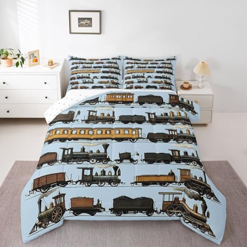 Erosebridal Vintage Steam Train Comforter Set King Travel Locomotive Train Bedding Set Transport Vehicle Comforter for Kids Boys Girls Steampunk Railway Quilt Duvet Blue