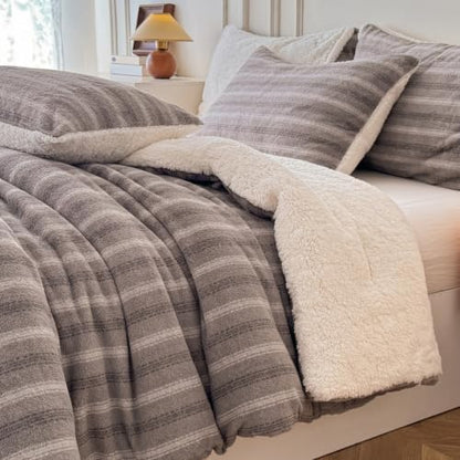 Cyusri Striped Sherpa Comforter Set 3Pcs Fluffy Warm Fleece Down Alternative, Grey Stripe Bedding Set with 2 Pillowcases, Queen Size 90"x90"