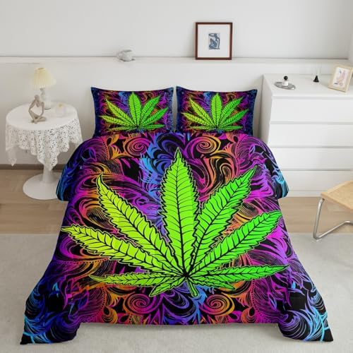 Erosebridal Boho Leaves Down Comforter, Teens Bohemia Leaf Comforter Set Full Size, Botanical Bedding Set for Kids Girls Women, Bohemian Quilted Duvet for Bedroom, Purple Green