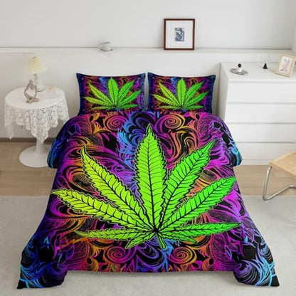 Erosebridal Bohemia Leaves Bedding Set, Teens Leaf Down Comforter King Size, Botanical Comforter Set for Kids Girls Women, Bohemian Quilted Duvet for Bedroom, Purple Green