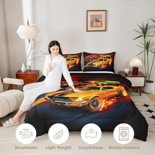 Feelyou Boys Race Car Kids Comforter Set Full Size Speed Sports Car Bedding Set Extreme Sports Duvet Quilt for Kids Boys Girls Bedroom Automobile Decor Microfiber Ultra Soft Breathable