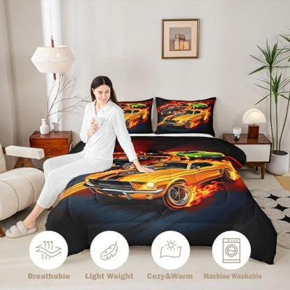 Feelyou Boys Race Car Kids Comforter Set Queen Size Speed Sports Car Bedding Set Extreme Sports Duvet Quilt for Kids Boys Girls Bedroom Automobile Decor Microfiber Ultra Soft Breathable