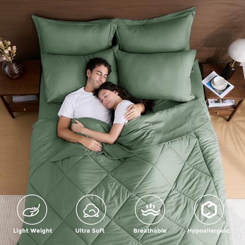HEVUMYI 7-Piece King Comforter Set, Sage Bed in a Bag
