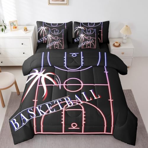 Basketball Bedding Full Size 7-Piece for Boys Room Sport Comforter Set, Glowing Basketball Court Bedding Comforter Sets Sports Gamer Bed in a Bag, Navy Pink Red Bedding Accessories (Black Reversible)
