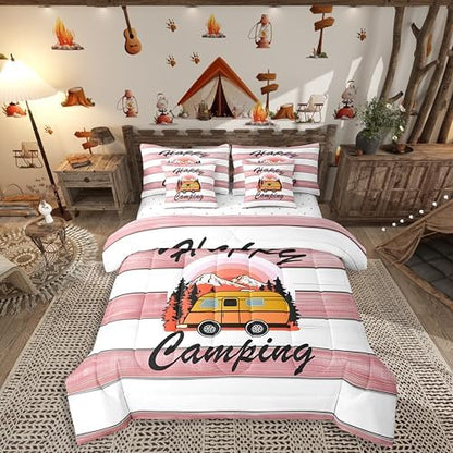 Erosebridal Happy Camping Comforter Set Full Size,Cartoon RV Bedding Set for Kids Teens,Pink Wooden Plank (Comforter+Fitted+Flat Sheet+2 Pillowcases+2 Throw Pillow Covers) 7 Pieces Bed Set