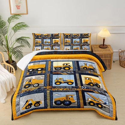 Kids Excavator Comforter Set Queen,Boys Construction Vehicles Bedding Set, Yellow Geometric Grid Mechanic Truck Bedding Set,Soft Microfiber Cartoon Car Quilt Set for Children Room Decor