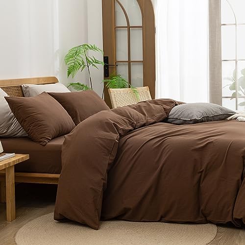 BESTOUCH Cotton Solid Duvet Cover Set Linen Feel Cocoa Brown Queen