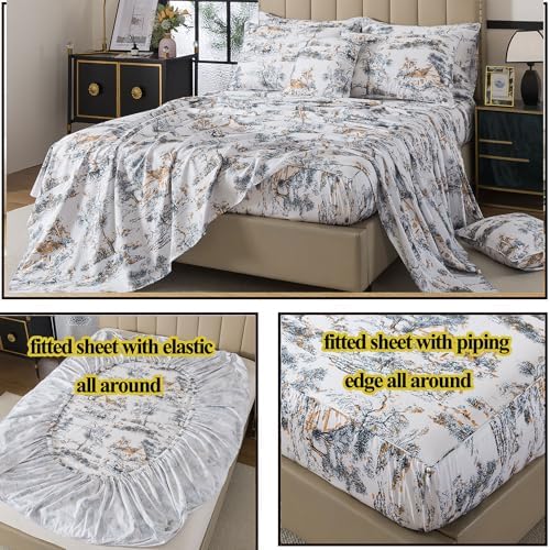 FADFAY Toile Sheets Set Queen 100% Egyptian Cotton French Country Toile de Jouy Bedding Classic Black and Gold Floral Bed Sheets Shabby Farmhouse Bedding Breathable Soft Deep Pocket 4Pcs, Queen Size