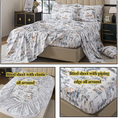 FADFAY Toile Sheets Set Queen 100% Egyptian Cotton French Country Toile de Jouy Bedding Classic Black and Gold Floral Bed Sheets Shabby Farmhouse Bedding Breathable Soft Deep Pocket 4Pcs, Queen Size