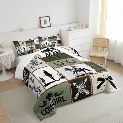 Western Cowgirl Comforter Set Queen Size,Cactus Horseshoe Cow Skull Rustic Farmhouse Bedding Set,Girls Women Room Decor,Bow Arrow Patchwork Down Comforter,Camo Country Duvet Insert,2 Pillowcases